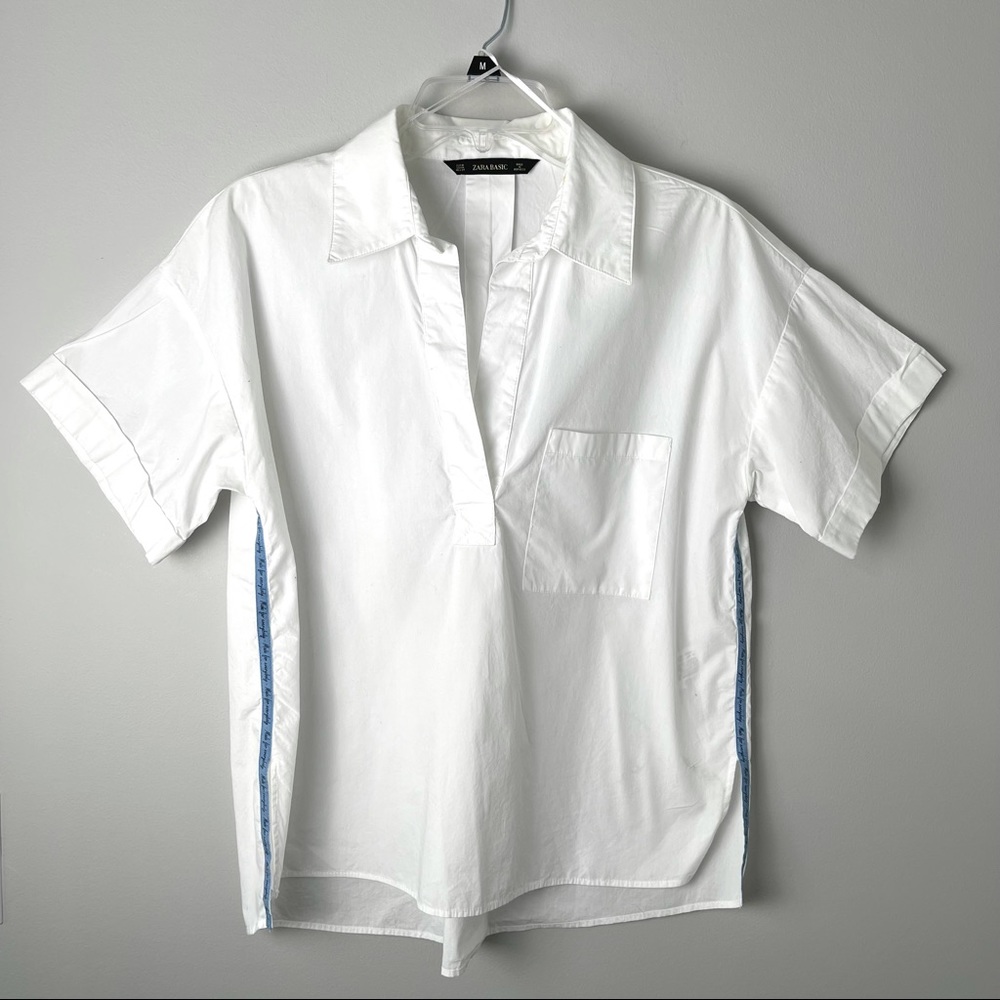 Zara Basic V-Neck Popover White Top Trim Side Seam